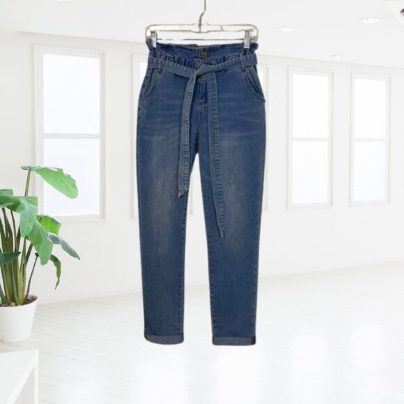 Almost Famous Paperbag Waist Denim Jeans Size Medium | Tie Belt | High Rise - Picture 1 of 15